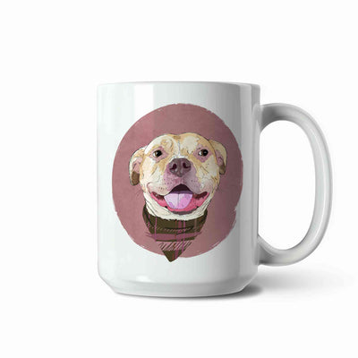 A white ceramic coffee mug featuring a custom illustrated dog portrait of a smiling tan dog wearing a plaid bandana set against a subtle textured dusty rose circular background printed on the side of the mug, shown on a clean white background. 