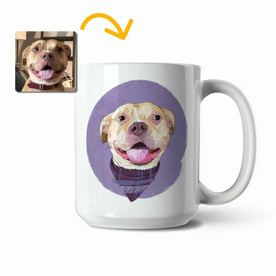 A white ceramic coffee mug featuring a custom illustrated dog portrait of a smiling tan dog wearing a plaid bandana set against a subtle textured lavender circular background printed on the side of the mug, shown on a clean white background. A small inset photo of the dog appears in the upper left with a yellow arrow pointing to the mug design, indicating the custom design was drawn from the photo.