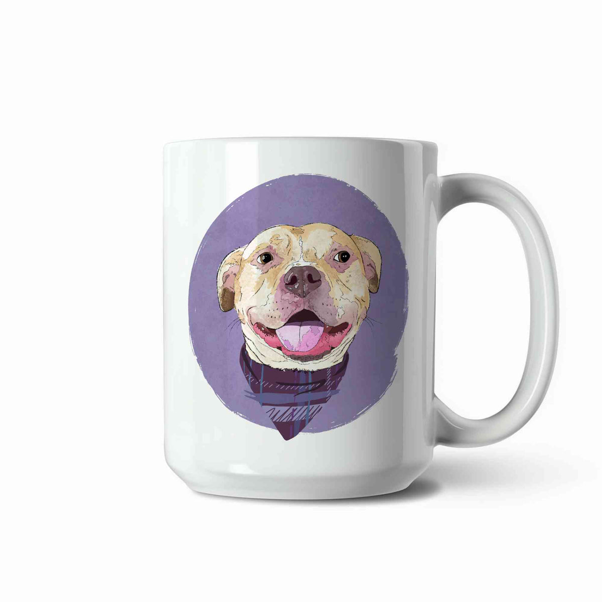 A white ceramic coffee mug featuring a custom illustrated dog portrait of a smiling tan dog wearing a plaid bandana set against a subtle textured lavender circular background printed on the side of the mug, shown on a clean white background. 