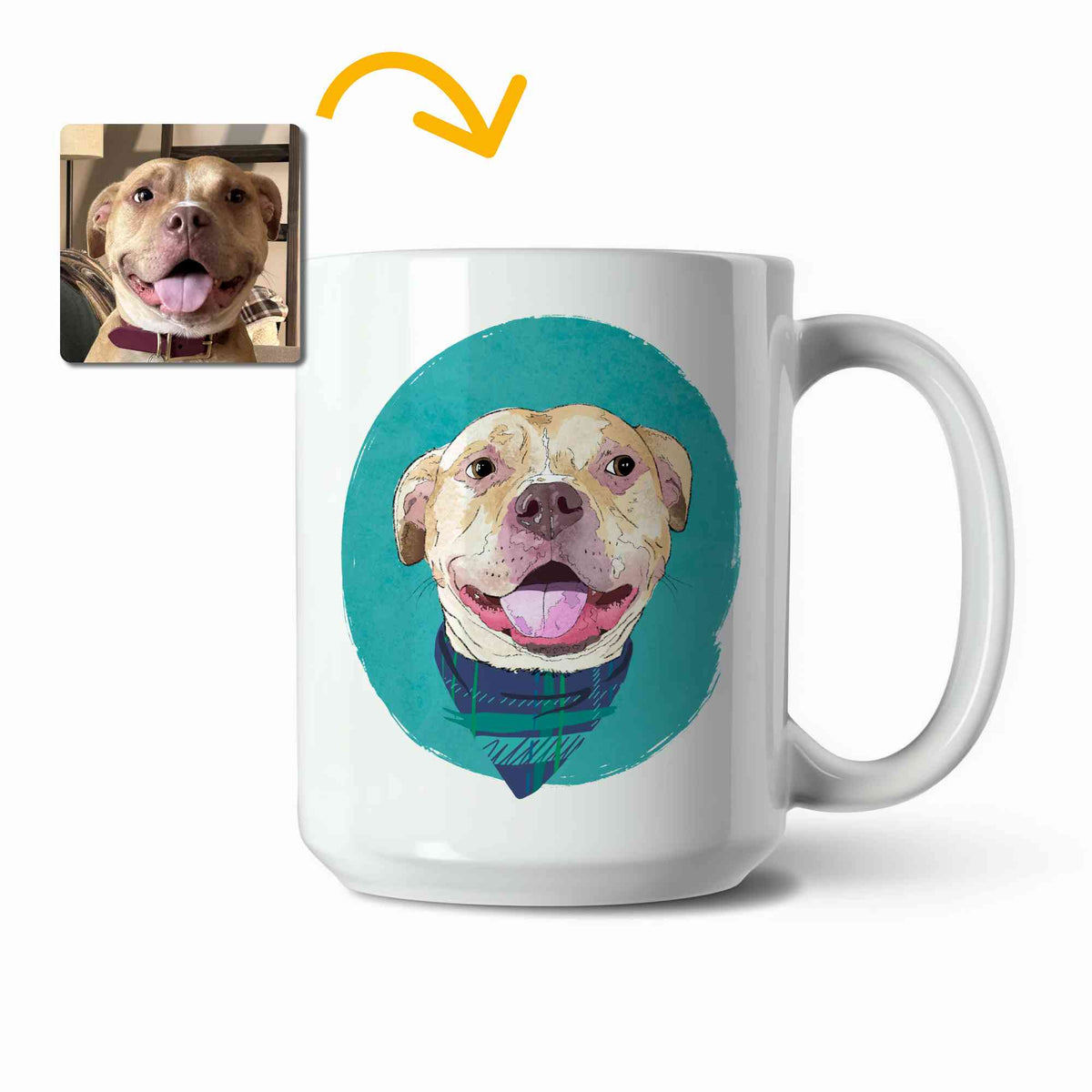 A white ceramic coffee mug featuring a custom illustrated dog portrait of a smiling tan dog wearing a plaid bandana set against a subtle textured teal circular background printed on the side of the mug, shown on a clean white background. A small inset photo of the dog appears in the upper left with a yellow arrow pointing to the mug design, indicating the custom design was drawn from the photo.