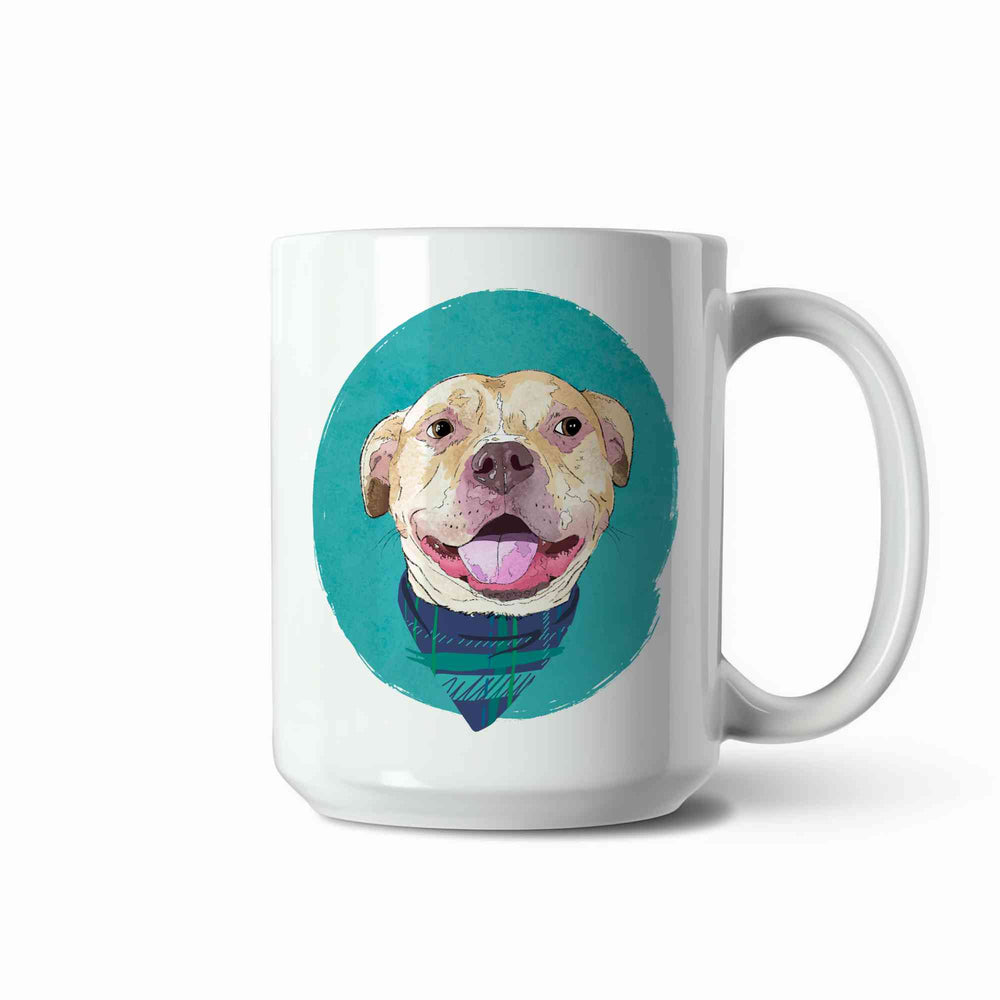 A white ceramic coffee mug featuring a custom illustrated dog portrait of a smiling tan dog wearing a plaid bandana set against a subtle textured teal circular background printed on the side of the mug, shown on a clean white background. 