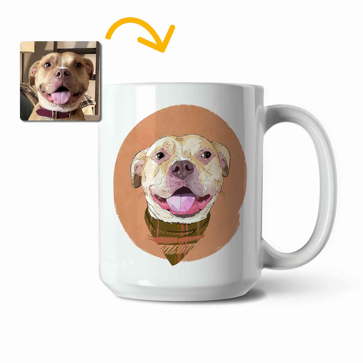 A white ceramic coffee mug featuring a custom illustrated dog portrait of a smiling tan dog wearing a plaid bandana set against a subtle textured orange circular background printed on the side of the mug, shown on a clean white background. A small inset photo of the dog appears in the upper left with a yellow arrow pointing to the mug design, indicating the custom design was drawn from the photo.