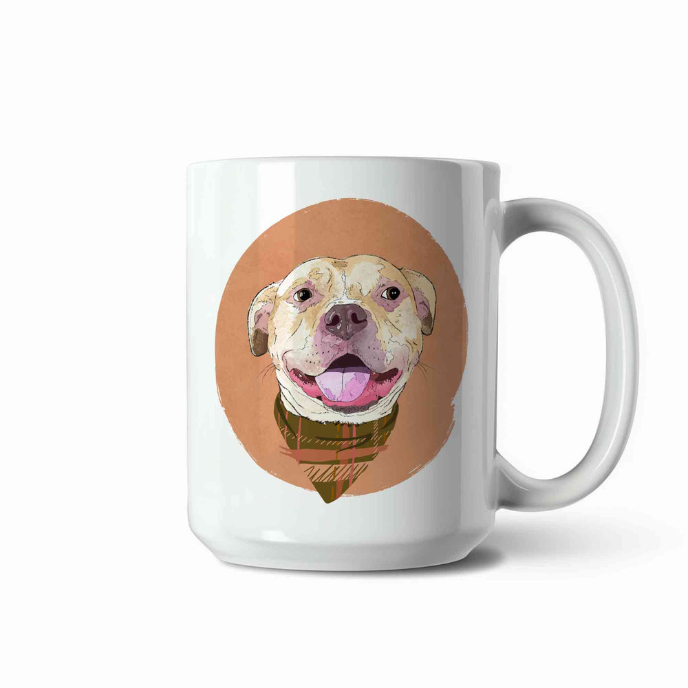 A white ceramic coffee mug featuring a custom illustrated dog portrait of a smiling tan dog wearing a plaid bandana set against a subtle textured orange circular background printed on the side of the mug, shown on a clean white background. 