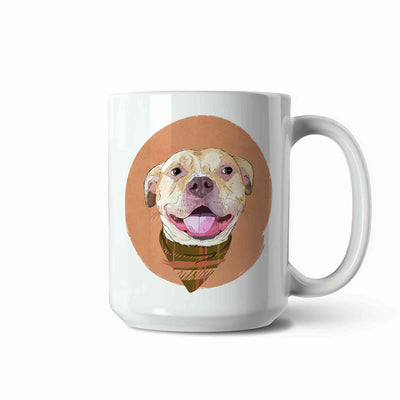 A white ceramic coffee mug featuring a custom illustrated dog portrait of a smiling tan dog wearing a plaid bandana set against a subtle textured orange circular background printed on the side of the mug, shown on a clean white background. 