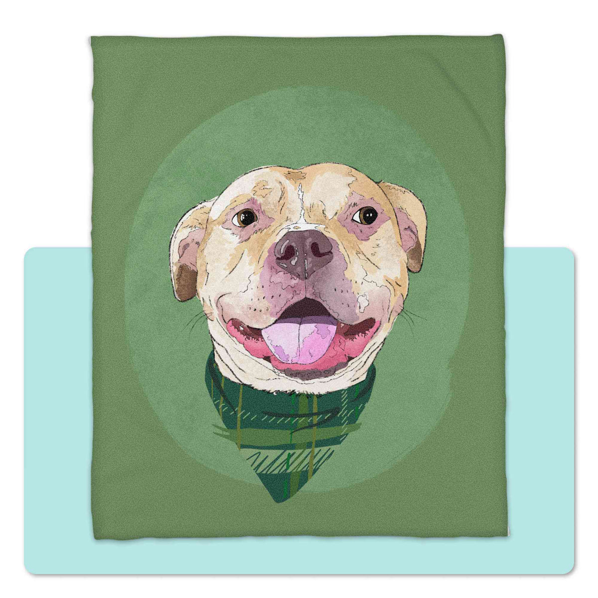 A fleece blanket featuring a custom illustrated dog portrait of a smiling tan dog wearing a plaid bandana set against a subtle textured green circular background printed on the blanket, shown centered over a large light aqua rectangular shape on a white background.