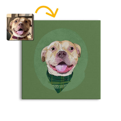A square canvas featuring a custom illustrated dog portrait of a smiling tan dog wearing a plaid bandana set against a subtle textured green circular background printed on the canvas, shown on a clean white background. A small inset photo of the dog appears in the upper left with a yellow arrow pointing to the canvas design, indicating the custom design was drawn from the photo.