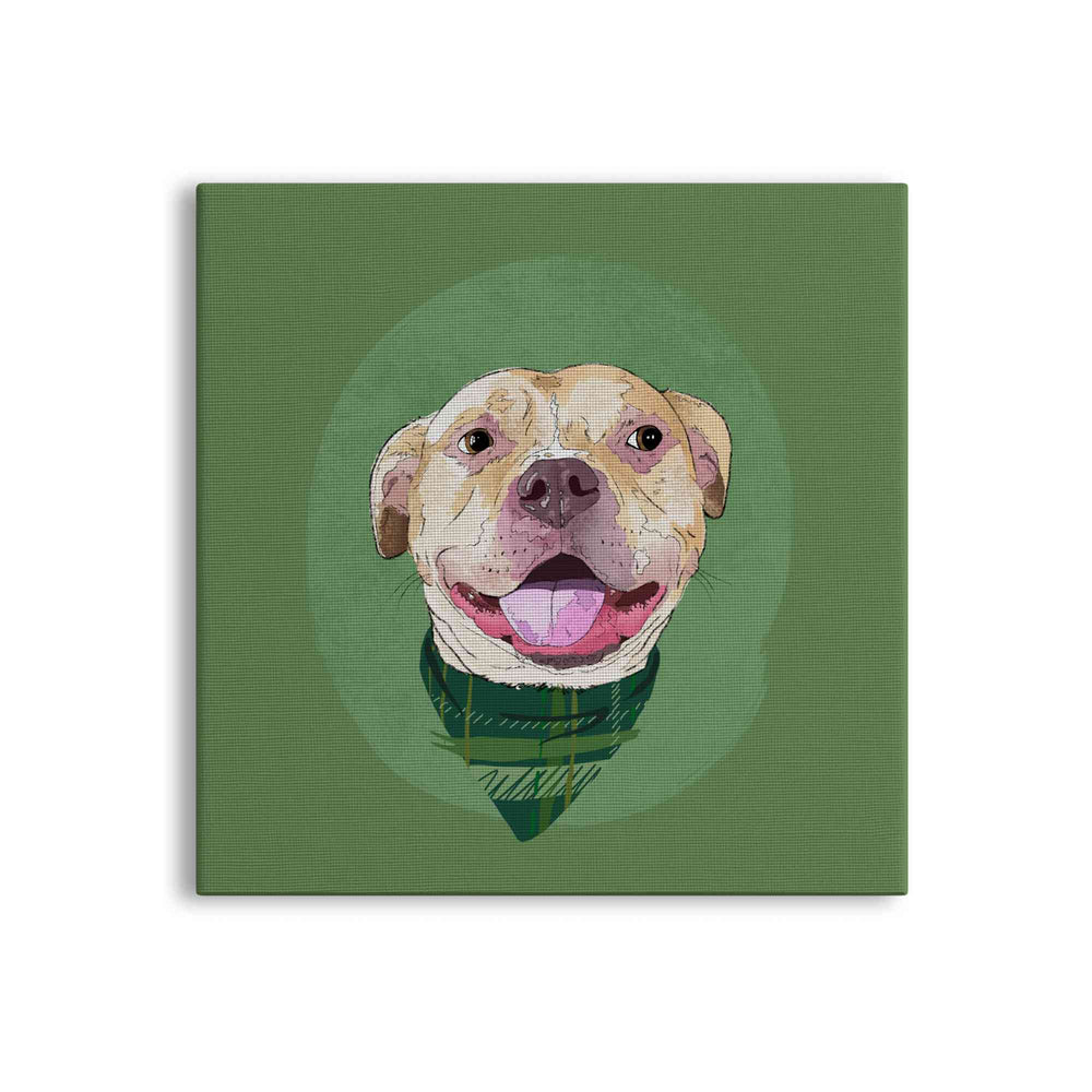 A square canvas featuring a custom illustrated dog portrait of a smiling tan dog wearing a plaid bandana set against a subtle textured green circular background printed on the canvas, shown on a clean white background. 