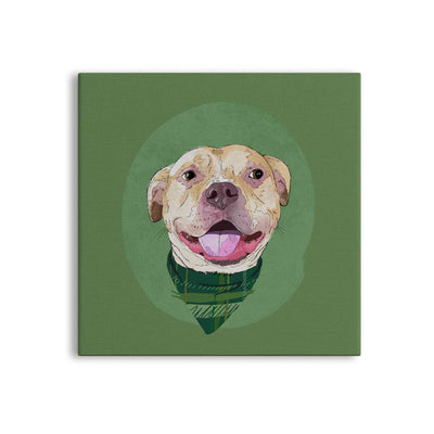 A square canvas featuring a custom illustrated dog portrait of a smiling tan dog wearing a plaid bandana set against a subtle textured green circular background printed on the canvas, shown on a clean white background. 