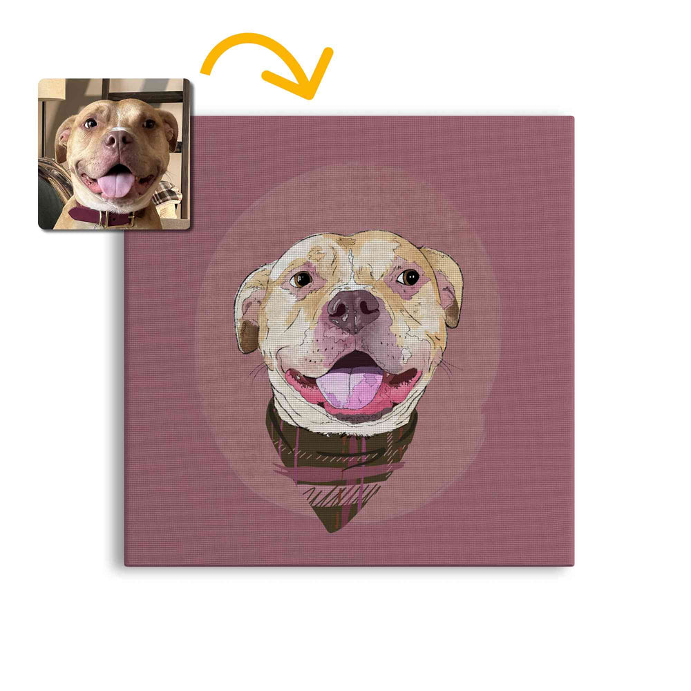 A square canvas featuring a custom illustrated dog portrait of a smiling tan dog wearing a plaid bandana set against a subtle textured dusty rose circular background printed on the canvas, shown on a clean white background. A small inset photo of the dog appears in the upper left with a yellow arrow pointing to the canvas design, indicating the custom design was drawn from the photo.