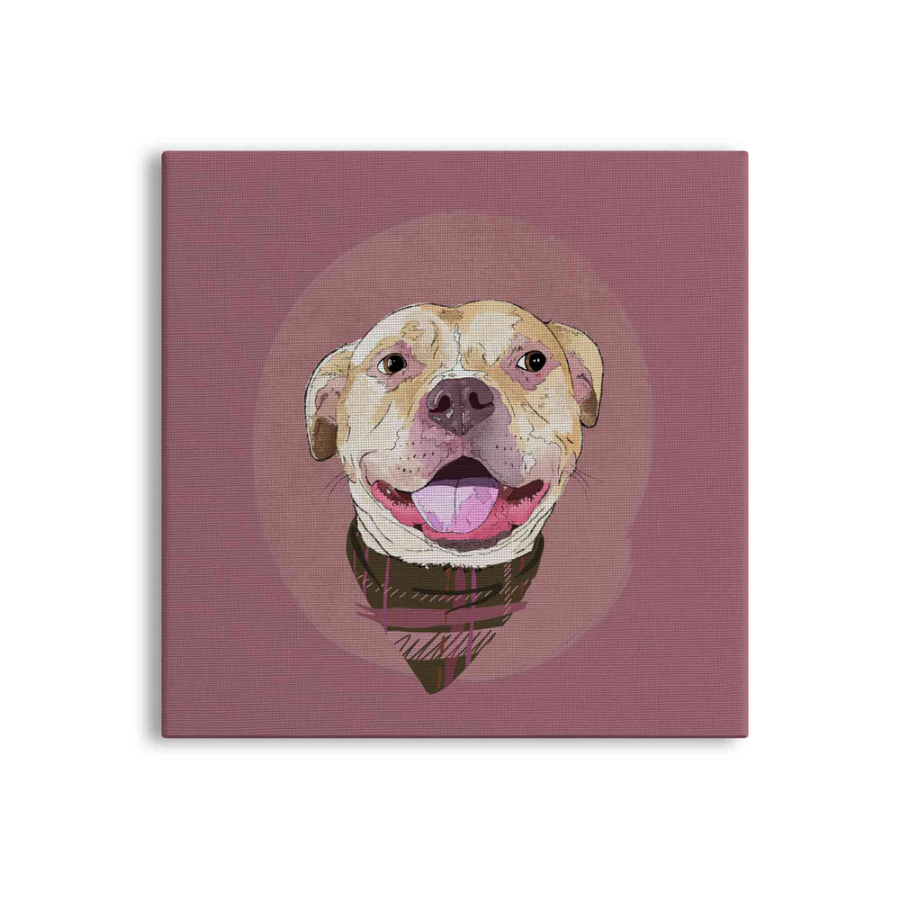 A square canvas featuring a custom illustrated dog portrait of a smiling tan dog wearing a plaid bandana set against a subtle textured dusty rose circular background printed on the canvas, shown on a clean white background. 