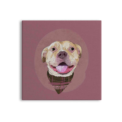 A square canvas featuring a custom illustrated dog portrait of a smiling tan dog wearing a plaid bandana set against a subtle textured dusty rose circular background printed on the canvas, shown on a clean white background. 