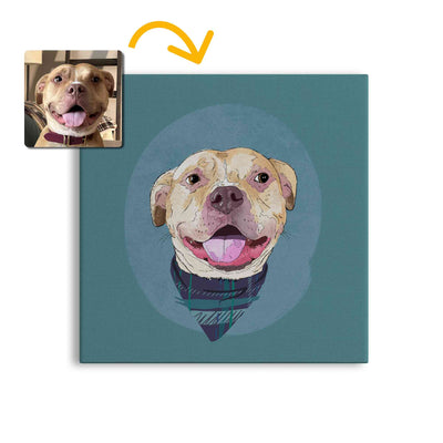A square canvas featuring a custom illustrated dog portrait of a smiling tan dog wearing a plaid bandana set against a subtle textured blue circular background printed on the canvas, shown on a clean white background. A small inset photo of the dog appears in the upper left with a yellow arrow pointing to the canvas design, indicating the custom design was drawn from the photo.