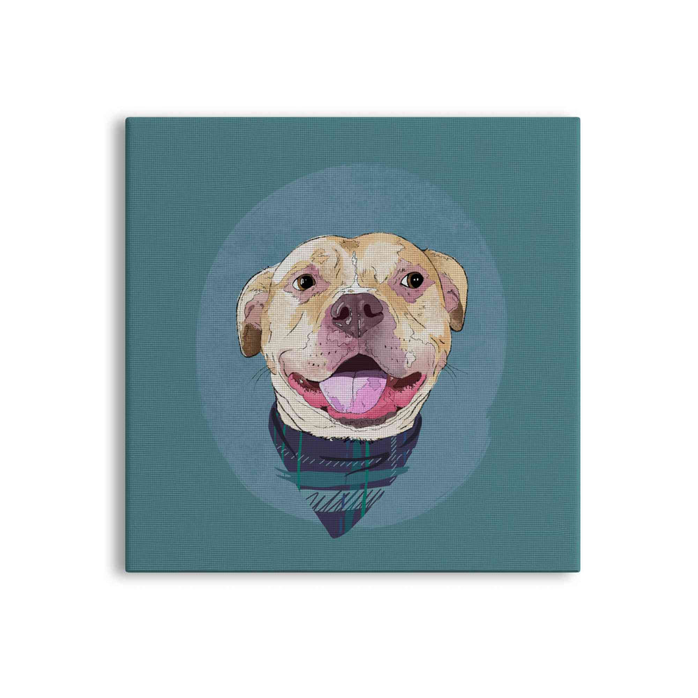 A square canvas featuring a custom illustrated dog portrait of a smiling tan dog wearing a plaid bandana set against a subtle textured blue circular background printed on the canvas, shown on a clean white background. 