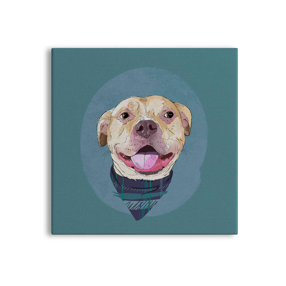 A square canvas featuring a custom illustrated dog portrait of a smiling tan dog wearing a plaid bandana set against a subtle textured blue circular background printed on the canvas, shown on a clean white background. 