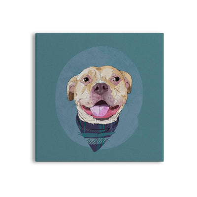 A square canvas featuring a custom illustrated dog portrait of a smiling tan dog wearing a plaid bandana set against a subtle textured blue circular background printed on the canvas, shown on a clean white background. 