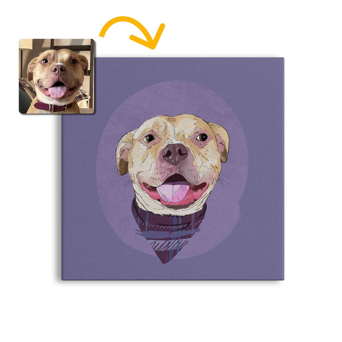 A square canvas featuring a custom illustrated dog portrait of a smiling tan dog wearing a plaid bandana set against a subtle textured lavender circular background printed on the canvas, shown on a clean white background. A small inset photo of the dog appears in the upper left with a yellow arrow pointing to the canvas design, indicating the custom design was drawn from the photo.