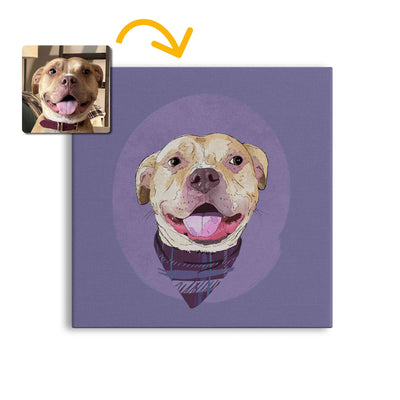A square canvas featuring a custom illustrated dog portrait of a smiling tan dog wearing a plaid bandana set against a subtle textured lavender circular background printed on the canvas, shown on a clean white background. A small inset photo of the dog appears in the upper left with a yellow arrow pointing to the canvas design, indicating the custom design was drawn from the photo.