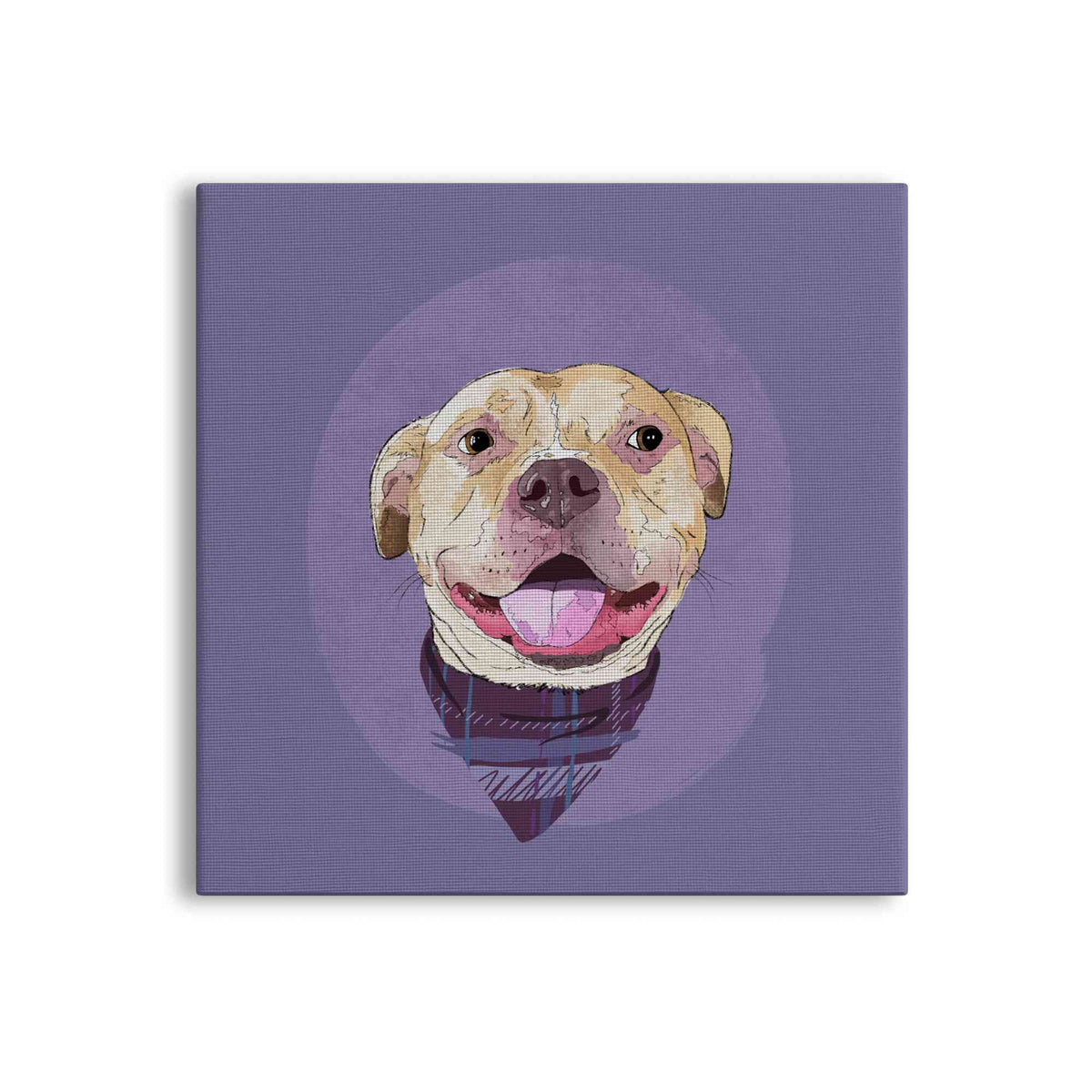 A square canvas featuring a custom illustrated dog portrait of a smiling tan dog wearing a plaid bandana set against a subtle textured lavender circular background printed on the canvas, shown on a clean white background. 