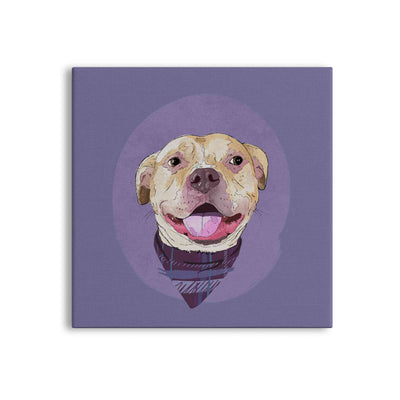 A square canvas featuring a custom illustrated dog portrait of a smiling tan dog wearing a plaid bandana set against a subtle textured lavender circular background printed on the canvas, shown on a clean white background. 
