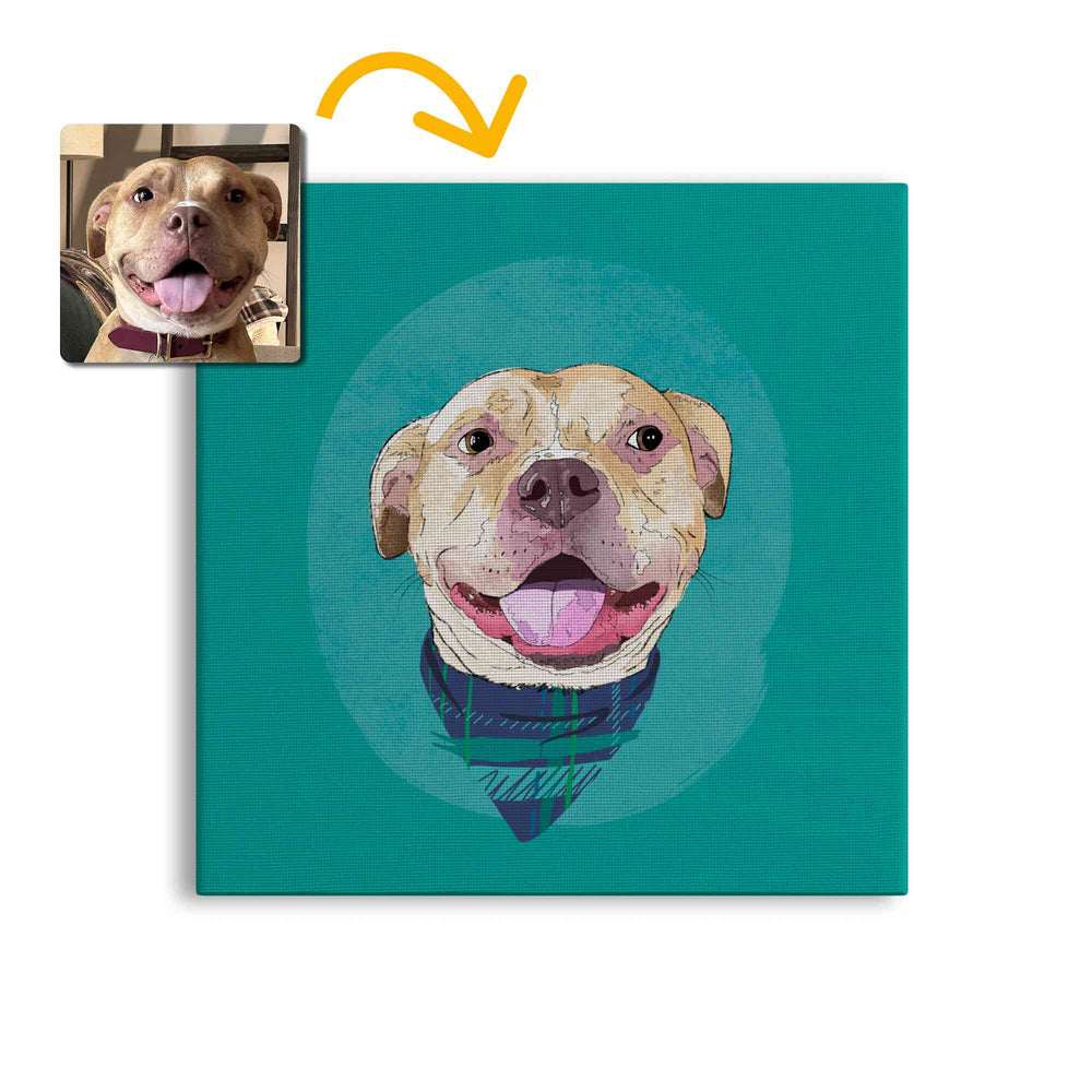 A square canvas featuring a custom illustrated dog portrait of a smiling tan dog wearing a plaid bandana set against a subtle textured teal circular background printed on the canvas, shown on a clean white background. A small inset photo of the dog appears in the upper left with a yellow arrow pointing to the canvas design, indicating the custom design was drawn from the photo.