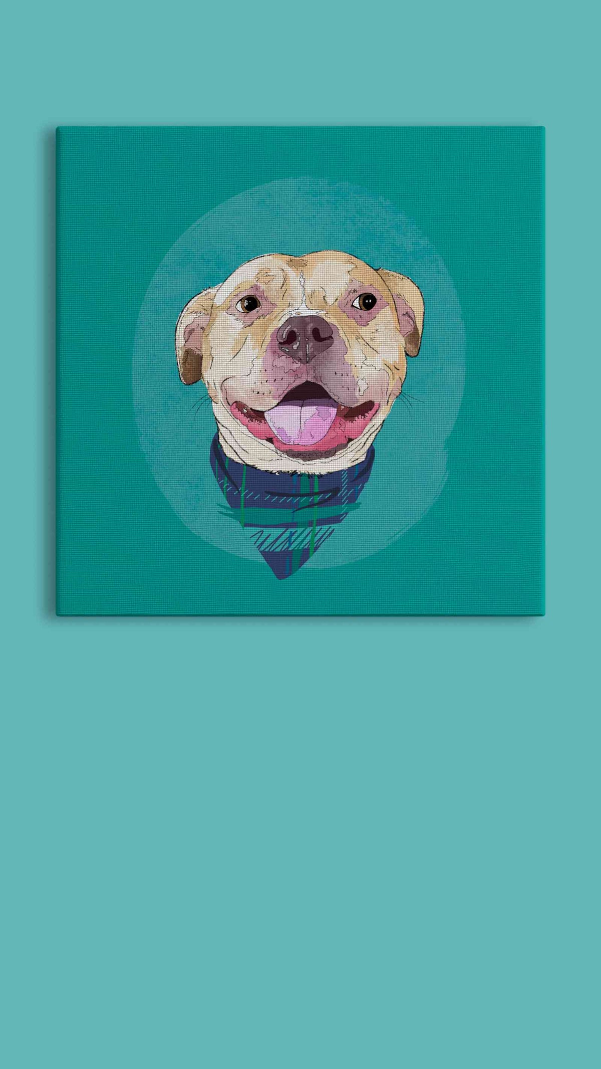 A square canvas featuring a custom illustrated dog portrait of a smiling tan dog wearing a plaid bandana set against a subtle textured teal circular background printed on the canvas, shown on a light teal background. 