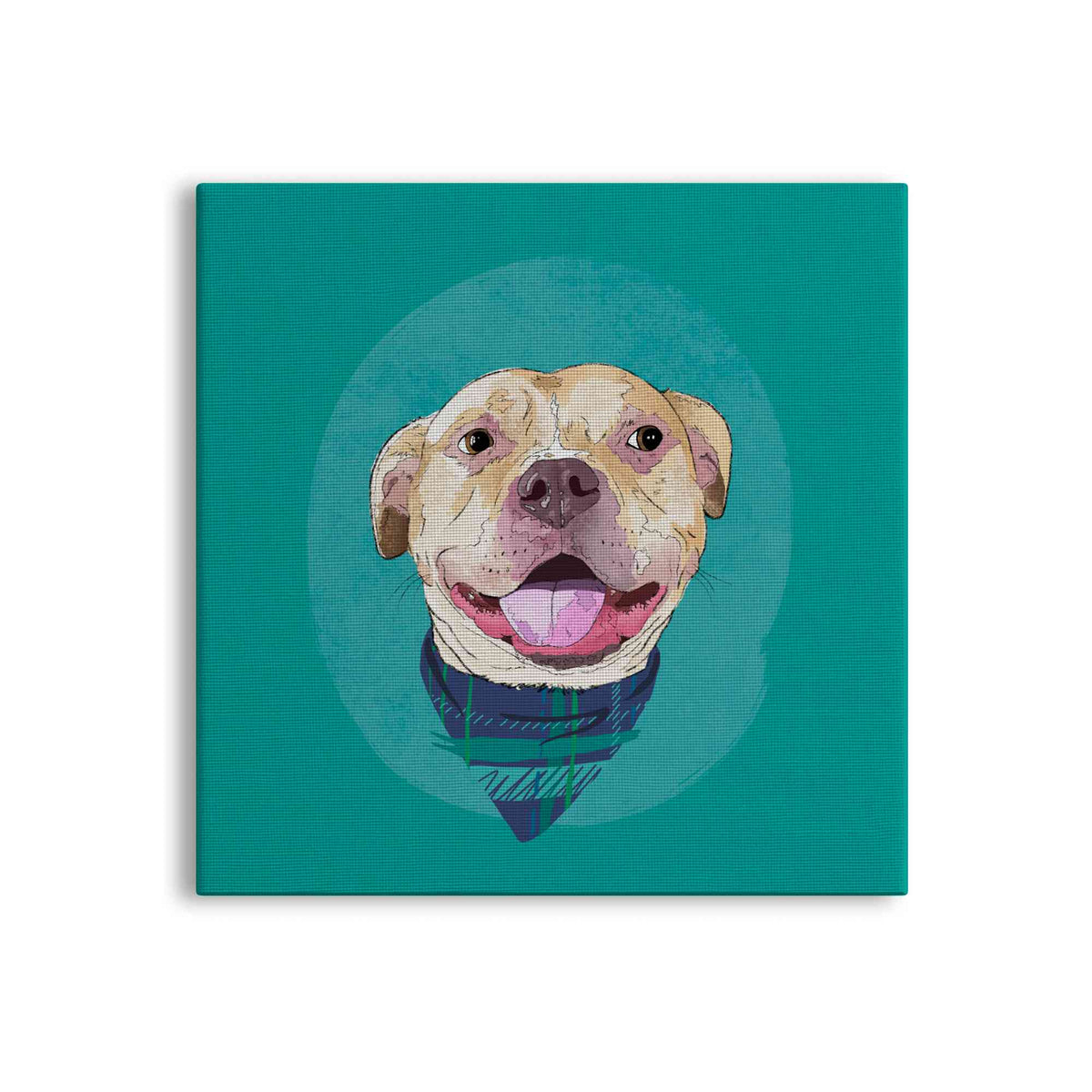 A square canvas featuring a custom illustrated dog portrait of a smiling tan dog wearing a plaid bandana set against a subtle textured teal circular background printed on the canvas, shown on a clean white background. 