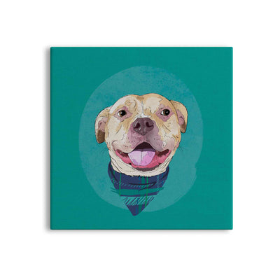 A square canvas featuring a custom illustrated dog portrait of a smiling tan dog wearing a plaid bandana set against a subtle textured teal circular background printed on the canvas, shown on a clean white background. 