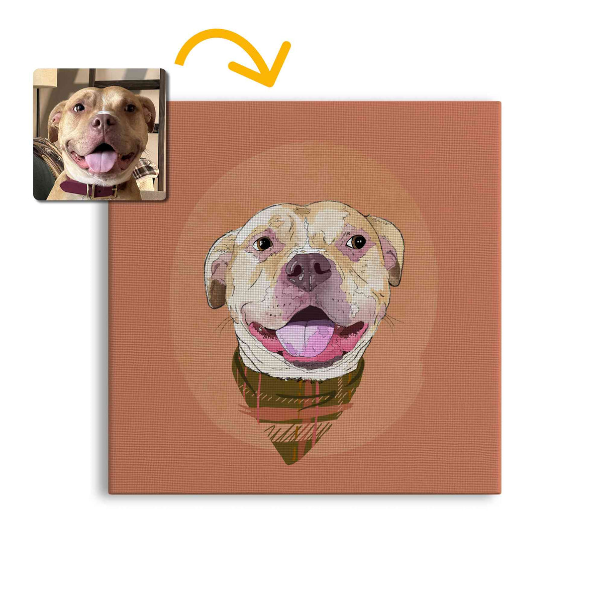 A square canvas featuring a custom illustrated dog portrait of a smiling tan dog wearing a plaid bandana set against a subtle textured orange circular background printed on the canvas, shown on a clean white background. A small inset photo of the dog appears in the upper left with a yellow arrow pointing to the canvas design, indicating the custom design was drawn from the photo.