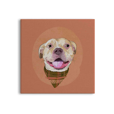A square canvas featuring a custom illustrated dog portrait of a smiling tan dog wearing a plaid bandana set against a subtle textured orange circular background printed on the canvas, shown on a clean white background. 