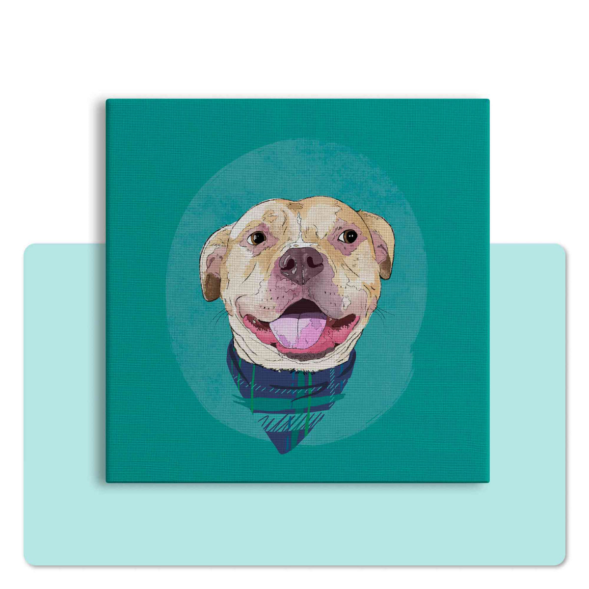 A square canvas featuring a custom illustrated dog portrait of a smiling tan dog wearing a plaid bandana set against a subtle textured teal circular background printed on the canvas, shown centered over a large light aqua rectangular shape on a white background.