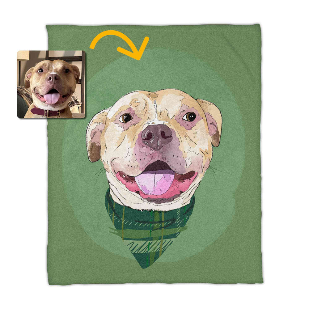 A fleece blanket featuring a custom illustrated dog portrait of a smiling tan dog wearing a plaid bandana set against a subtle textured green circular background printed on the blanket, shown on a clean white background. A small inset photo of the dog appears in the upper left with a yellow arrow pointing to the blanket design, indicating the custom design was drawn from the photo.