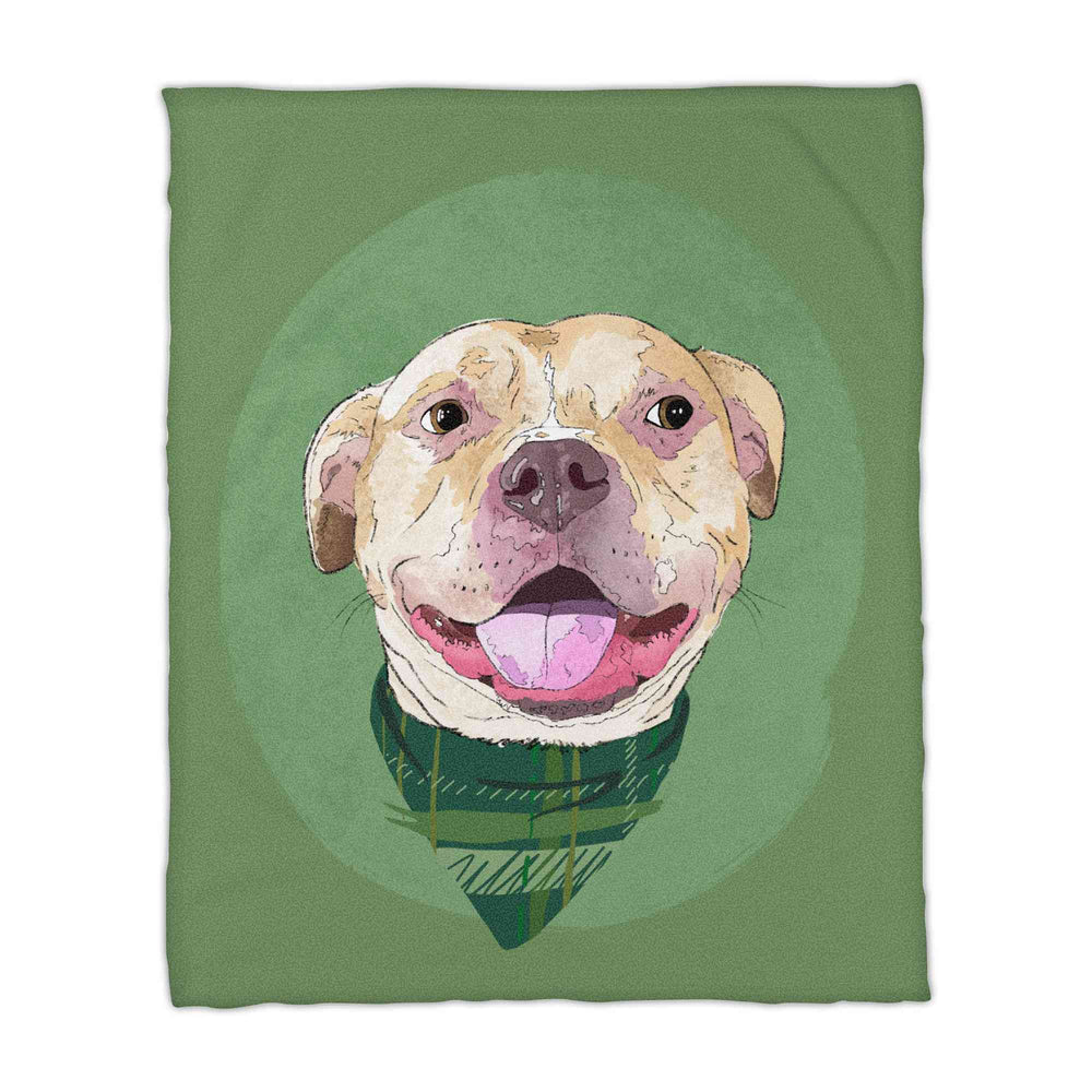 A fleece blanket featuring a custom illustrated dog portrait of a smiling tan dog wearing a plaid bandana set against a subtle textured green circular background printed on the canvas, shown on a clean white background. 