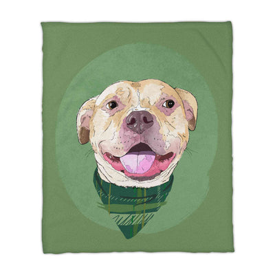 A fleece blanket featuring a custom illustrated dog portrait of a smiling tan dog wearing a plaid bandana set against a subtle textured green circular background printed on the canvas, shown on a clean white background. 