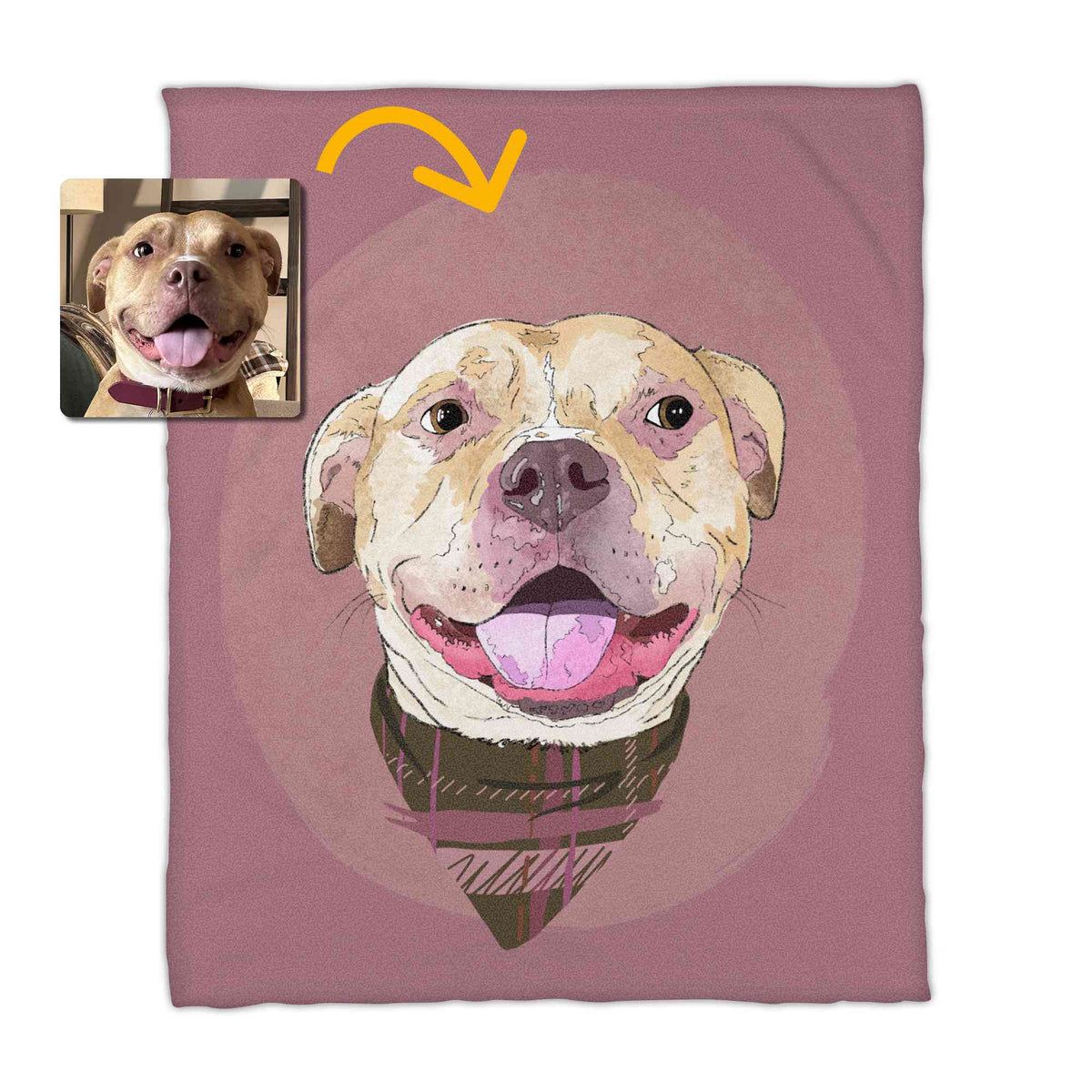 A fleece blanket featuring a custom illustrated dog portrait of a smiling tan dog wearing a plaid bandana set against a subtle textured dusty rose circular background printed on the blanket, shown on a clean white background. A small inset photo of the dog appears in the upper left with a yellow arrow pointing to the blanket design, indicating the custom design was drawn from the photo.