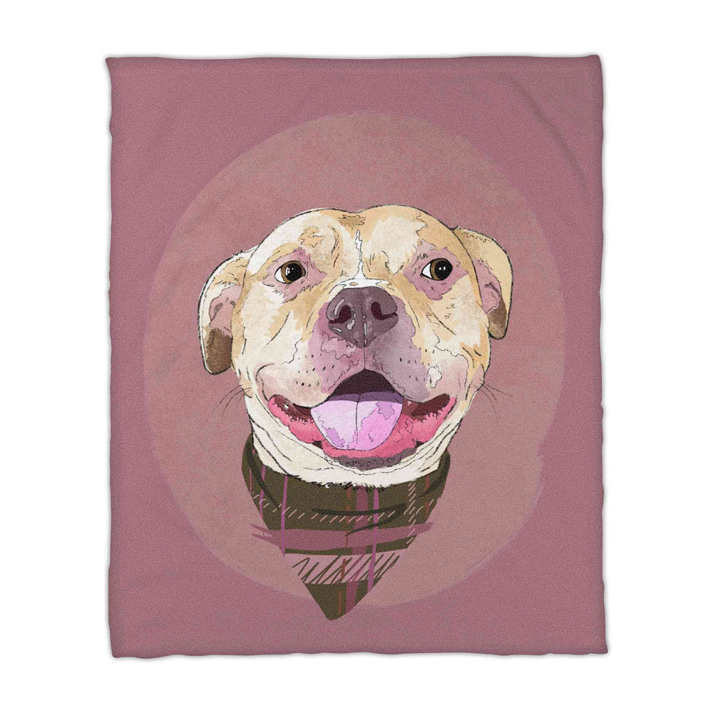 A fleece blanket featuring a custom illustrated dog portrait of a smiling tan dog wearing a plaid bandana set against a subtle textured dusty rose circular background printed on the blanket, shown on a clean white background. 
