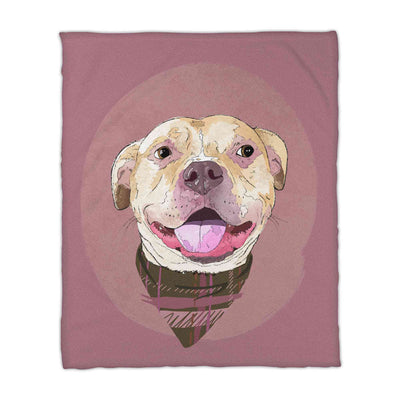 A fleece blanket featuring a custom illustrated dog portrait of a smiling tan dog wearing a plaid bandana set against a subtle textured dusty rose circular background printed on the blanket, shown on a clean white background. 