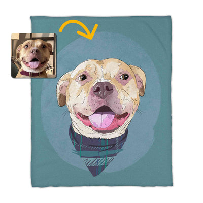 A fleece blanket featuring a custom illustrated dog portrait of a smiling tan dog wearing a plaid bandana set against a subtle textured blue circular background printed on the blanket, shown on a clean white background. A small inset photo of the dog appears in the upper left with a yellow arrow pointing to the blanket design, indicating the custom design was drawn from the photo.