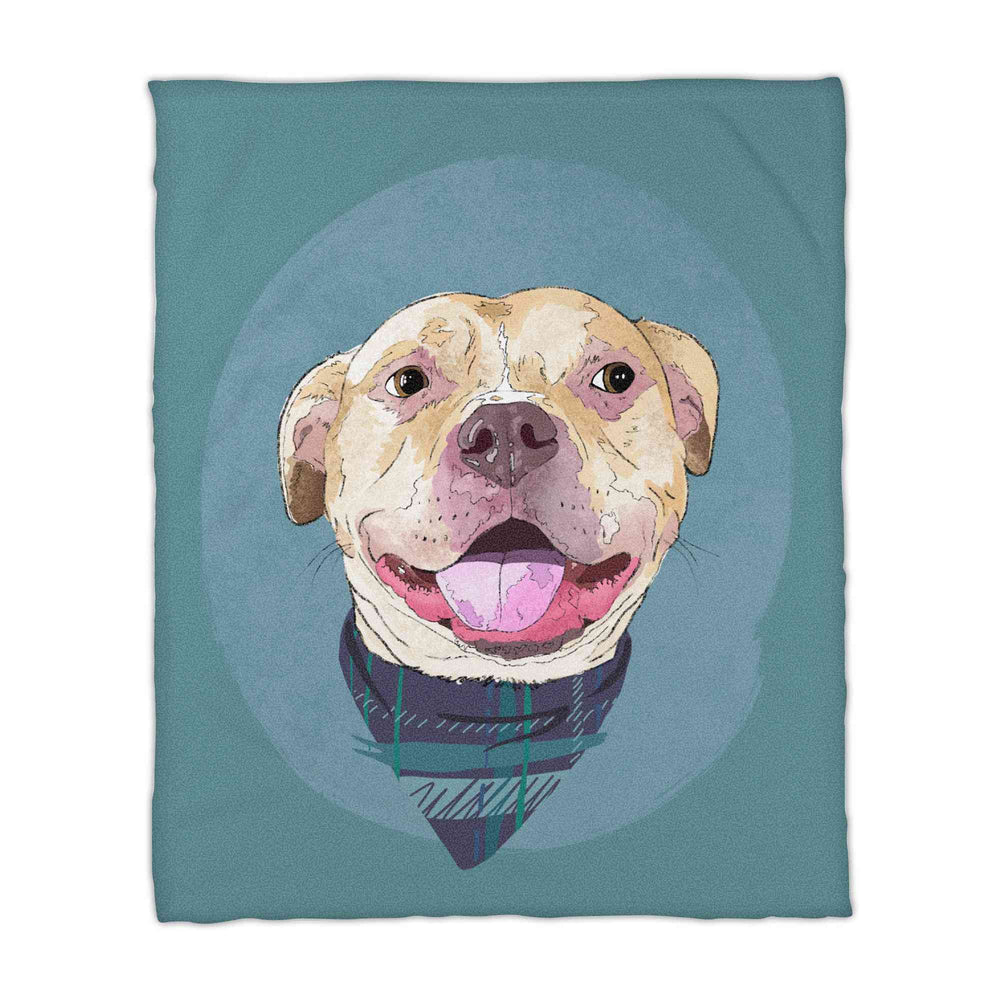 A fleece blanket featuring a custom illustrated dog portrait of a smiling tan dog wearing a plaid bandana set against a subtle textured blue circular background printed on the blanket, shown on a clean white background. 