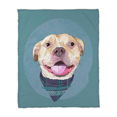 A fleece blanket featuring a custom illustrated dog portrait of a smiling tan dog wearing a plaid bandana set against a subtle textured blue circular background printed on the blanket, shown on a clean white background. 