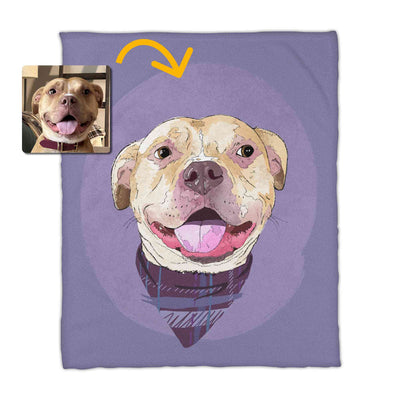 A fleece blanket featuring a custom illustrated dog portrait of a smiling tan dog wearing a plaid bandana set against a subtle textured lavender circular background printed on the blanket, shown on a clean white background. A small inset photo of the dog appears in the upper left with a yellow arrow pointing to the blanket design, indicating the custom design was drawn from the photo.