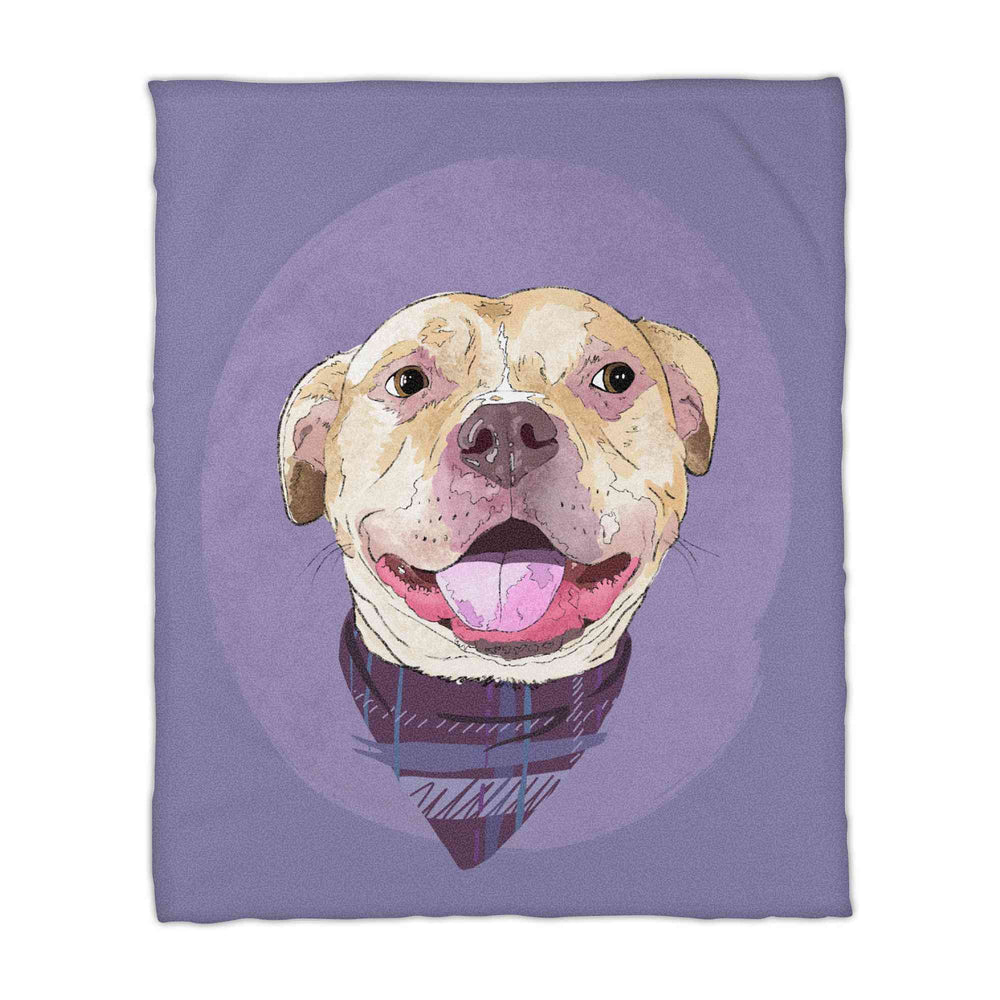 A fleece blanket featuring a custom illustrated dog portrait of a smiling tan dog wearing a plaid bandana set against a subtle textured lavender circular background printed on the blanket, shown on a clean white background. 