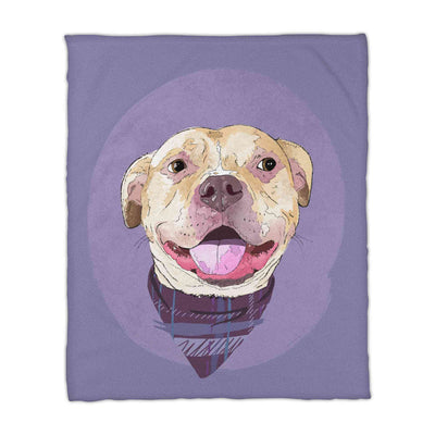 A fleece blanket featuring a custom illustrated dog portrait of a smiling tan dog wearing a plaid bandana set against a subtle textured lavender circular background printed on the blanket, shown on a clean white background. 