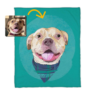 A fleece blanket featuring a custom illustrated dog portrait of a smiling tan dog wearing a plaid bandana set against a subtle textured teal circular background printed on the blanket, shown on a clean white background. A small inset photo of the dog appears in the upper left with a yellow arrow pointing to the blanket design, indicating the custom design was drawn from the photo.