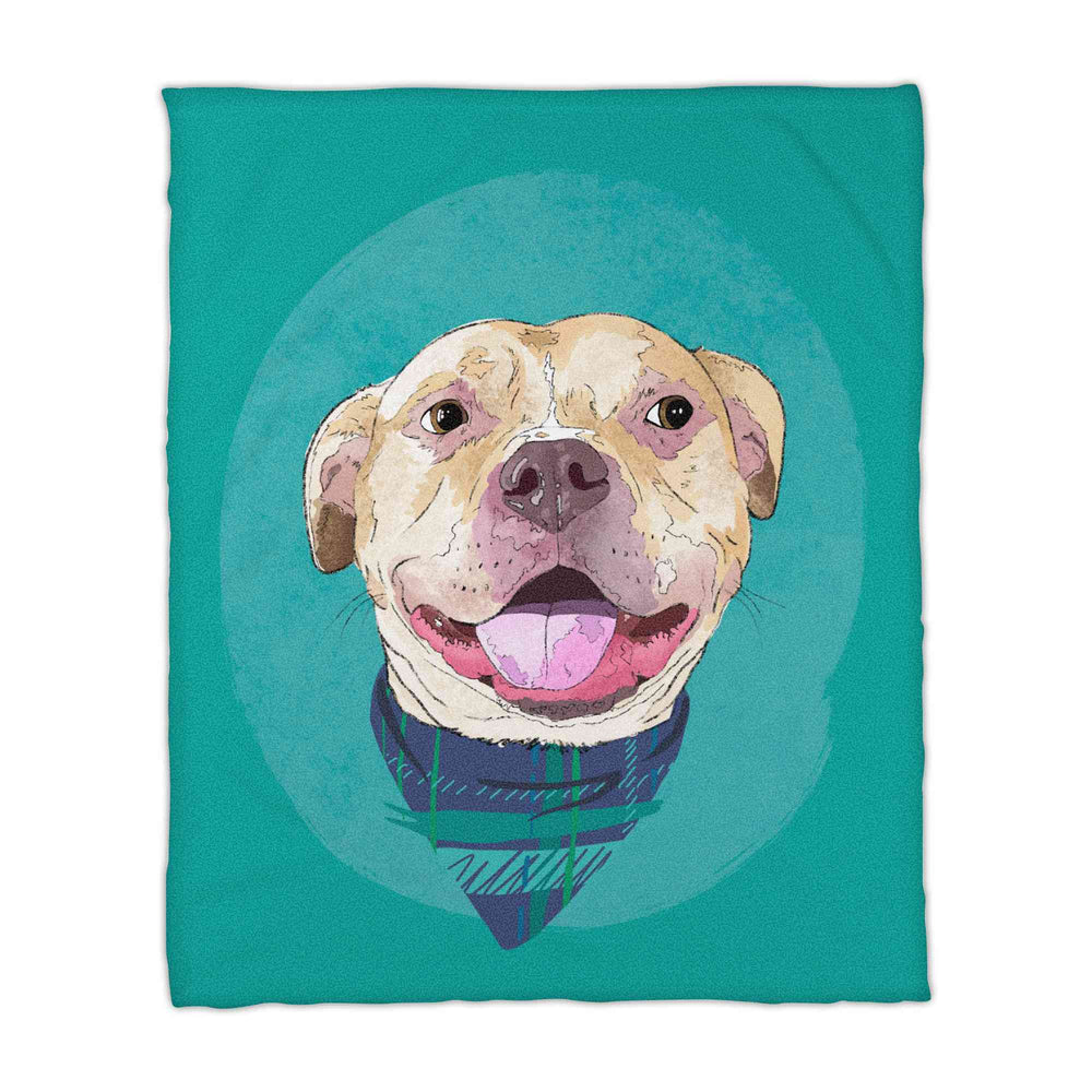A fleece blanket featuring a custom illustrated dog portrait of a smiling tan dog wearing a plaid bandana set against a subtle textured teal circular background printed on the canvas, shown on a clean white background. 