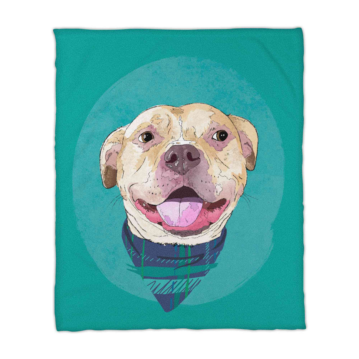 A fleece blanket featuring a custom illustrated dog portrait of a smiling tan dog wearing a plaid bandana set against a subtle textured teal circular background printed on the canvas, shown on a clean white background. 
