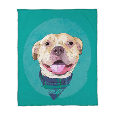 A fleece blanket featuring a custom illustrated dog portrait of a smiling tan dog wearing a plaid bandana set against a subtle textured teal circular background printed on the canvas, shown on a clean white background. 