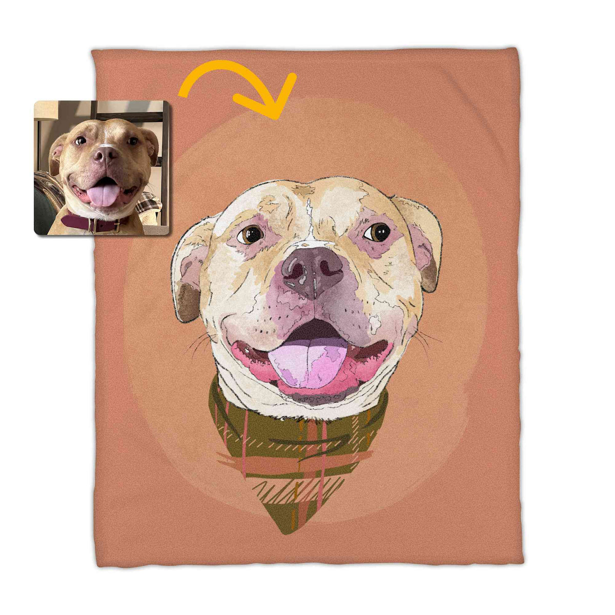 A fleece blanket featuring a custom illustrated dog portrait of a smiling tan dog wearing a plaid bandana set against a subtle textured orange circular background printed on the blanket, shown on a clean white background. A small inset photo of the dog appears in the upper left with a yellow arrow pointing to the blanket design, indicating the custom design was drawn from the photo.