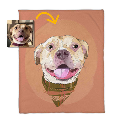 A fleece blanket featuring a custom illustrated dog portrait of a smiling tan dog wearing a plaid bandana set against a subtle textured orange circular background printed on the blanket, shown on a clean white background. A small inset photo of the dog appears in the upper left with a yellow arrow pointing to the blanket design, indicating the custom design was drawn from the photo.