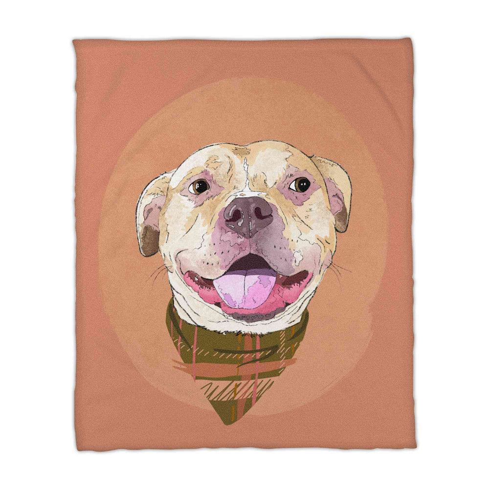 A fleece blanket featuring a custom illustrated dog portrait of a smiling tan dog wearing a plaid bandana set against a subtle textured orange circular background printed on the blanket, shown on a clean white background. 
