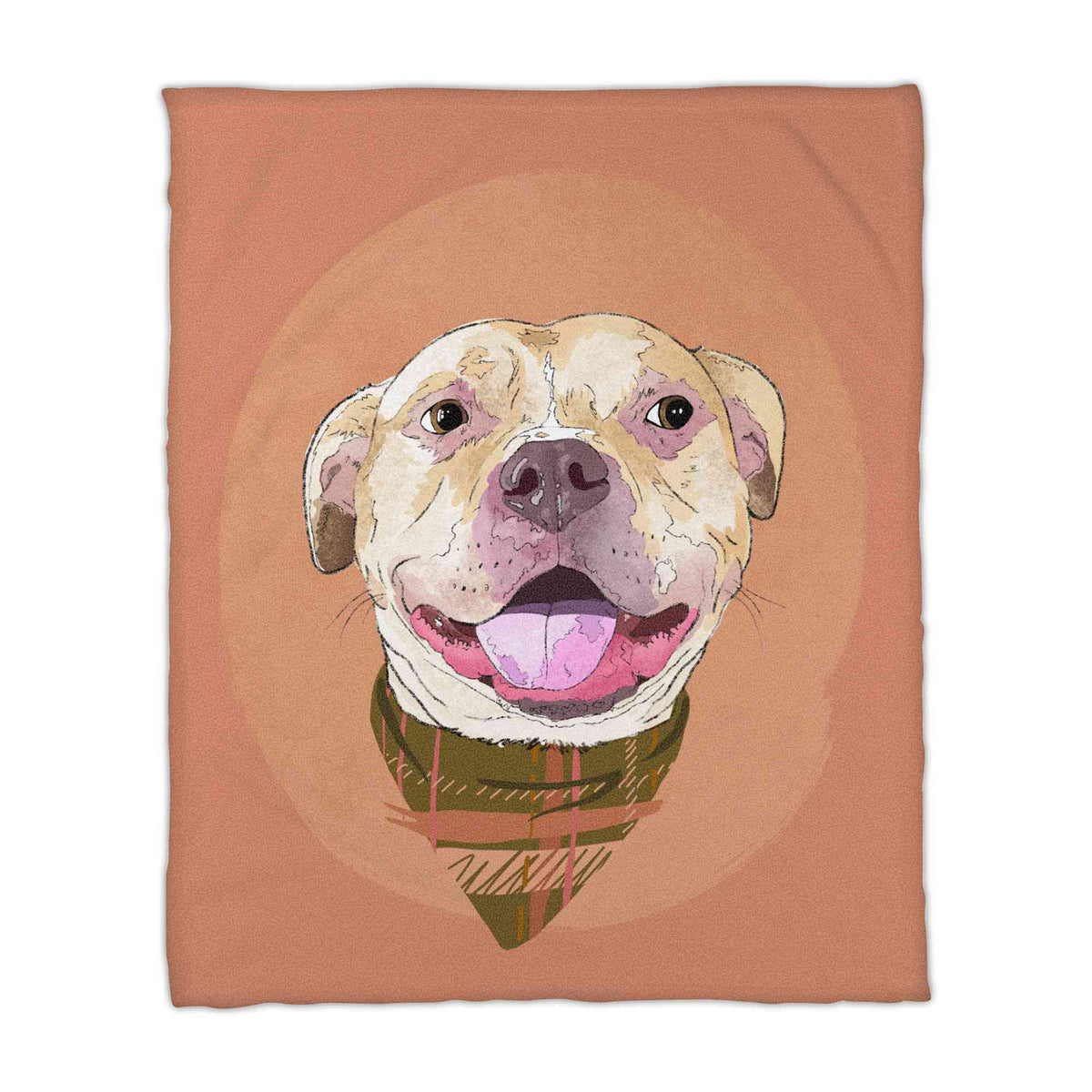 A fleece blanket featuring a custom illustrated dog portrait of a smiling tan dog wearing a plaid bandana set against a subtle textured orange circular background printed on the blanket, shown on a clean white background. 